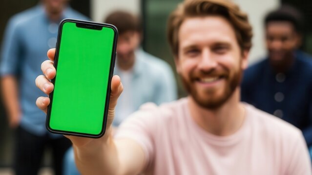 Man holding smartphone with green screen in front of friends - Powered by Adobe