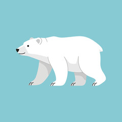 White polar bear walking on blue background illustration.