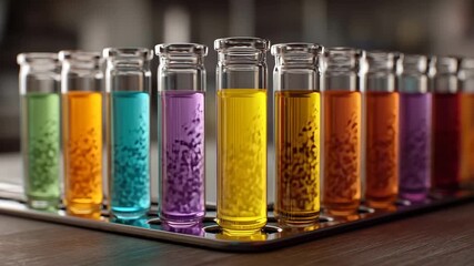 Colorful laboratory test tubes filled, Colorful Laboratory Test Tubes Filled with Vibrant Liquids Creating a Bright Scientific Display - Powered by Adobe