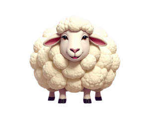 A happy sheep with a cauliflower body, standing against a flat purple background, cre