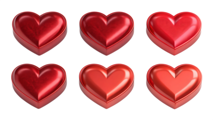 Six shiny red heart shaped objects on black background