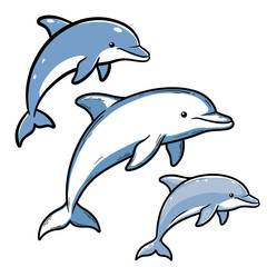 Fototapeta premium Playful Blue Dolphins Illustration - A Trio of Marine Mammals Surfacing and Swimming in a Light Blue Watery Environment with Simple Cartoon Style