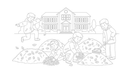 Naklejka premium Children playfully raking and jumping into piles of autumn leaves in front of a school building during a sunny fall day