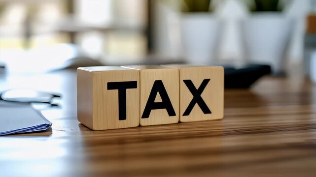 Tax return season. A closeup shot of a wooden table with a wooden block displaying the word TAX on it. The table has a smooth, polished surface with a few visible grain patterns.