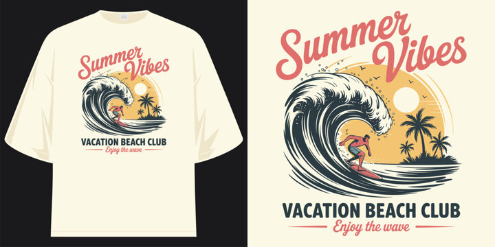 summer vibes vacation beach club enjoy the wave surfer riding big ocean wave tropical beach retro vintage sunset scene t shirt design vector illustration artwork
