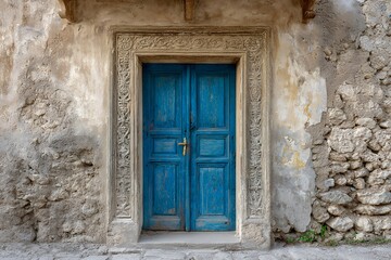 Fototapeta premium Rustic blue wooden door in stone wall with ornate frame in historic setting