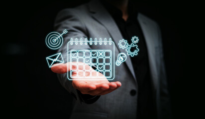 Concept of business goals, strategy and planning for success, businessman hand showing dart board icon clearly goals of the business with working systematically. Business planning concept