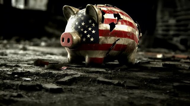 Tax return season. A piggy bank with the American flag painted on it, set against a dark, rustic backdrop.