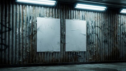 Dual Vertical Empty Paper Posters with Tape on Distressed Industrial Wall, Gritty Underground Corridor Mockup, Street Art and Gig Poster Template