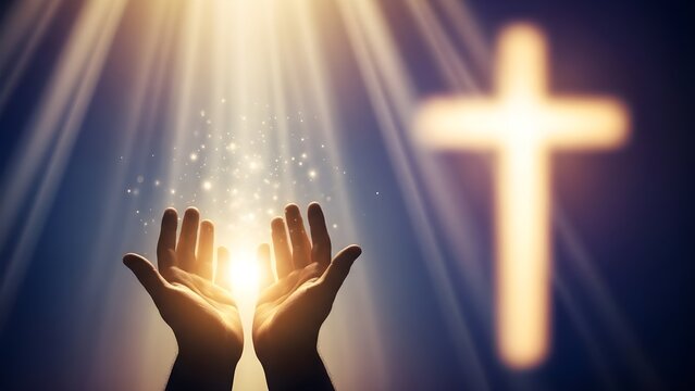 Hands raised in reverence towards a glowing cross with radiant light and divine aura