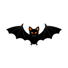 Black bat with orange eyes flying on white background.