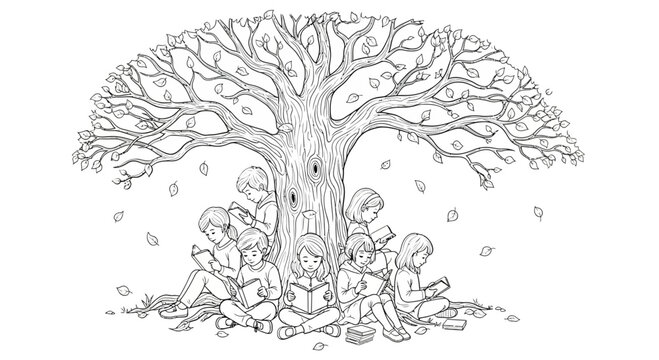 Beneath a grand tree, diverse children find peaceful solace reading books, quietly blending knowledge and imagination for serene intellectual growth and literary escape