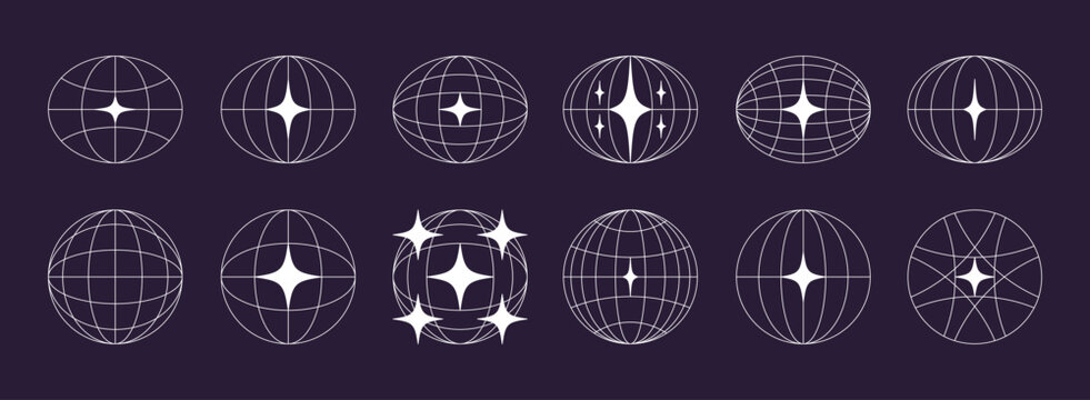 World globe retro grids in oval and round form with stars icons set. earth latitude and longitude line grid. futuristic design elements.