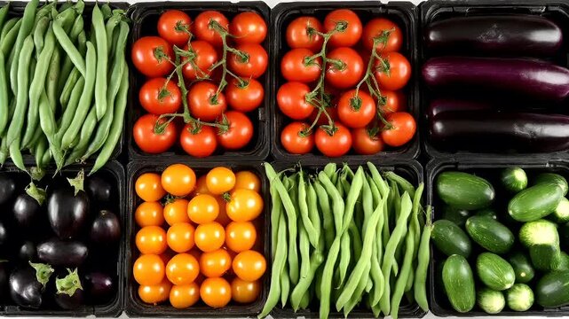 Organic food. Healthy quality lifestyle. A collection of fresh vegetables and fruits arranged in a rectangular container. The vegetables include green beans, tomatoes, cucumbers, and eggplants.