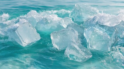 Large, clear ice cubes rest on bright blue water, creating a refreshing scene. Sunlight sparkles off the surface, showcasing the natural beauty of a coastal environment.