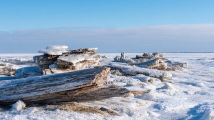 Ice-covered logs are scattered across a frozen landscape, reflecting the calmness of a winter day. The clear blue sky enhances the serene atmosphere of the scene.