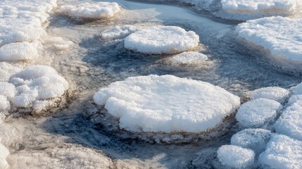 Salt formations rise above the water surface, creating round shapes surrounded by clear liquid. The serene scene showcases nature's artistry under a bright sky.