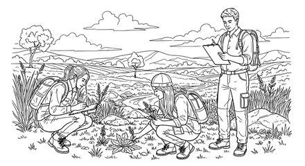 Obraz premium Soldiers in a field observing and recording their surroundings with detailed notes and sketches.