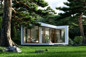 Modern glass house in lush forest setting with tall pine trees