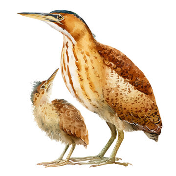 Bittern With Its Baby in watercolor painting style, vector illustration on white background.
