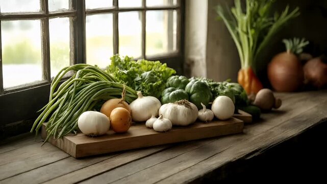 Organic food. Healthy quality lifestyle. A still life photograph featuring a wooden table with a variety of fresh vegetables on it. The vegetables are displayed on a wooden cutting board.