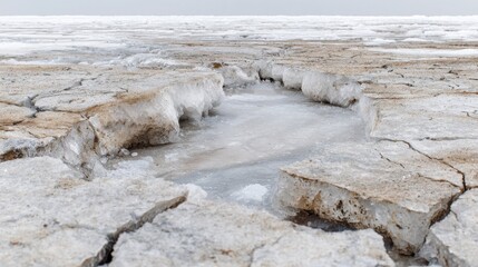 Barren salt flats stretch across the landscape with large cracks, revealing shallow water beneath. The atmosphere feels cold and uninviting under a gray sky.