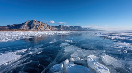 A tranquil winter scene captures a frozen lake with ice formations alongside majestic snow-covered mountains. The bright blue sky enhances the serene beauty of this Siberian landscape.