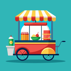 Title: A colorful of a food cart with a striped awning and various food on display © Abu