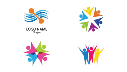 Fototapeta premium Colorful abstract logo designs featuring human figures and flowing shapes representing teamwork collaboration and community spirit