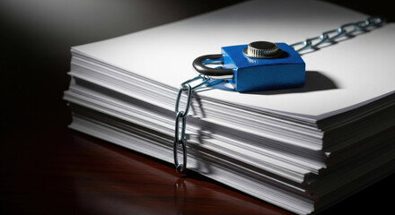 Confidential document security: padlock on stacked papers