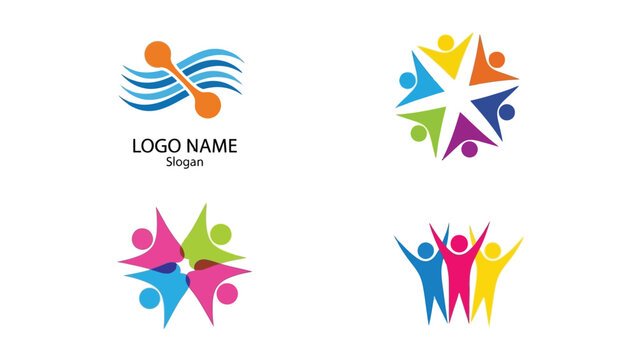 Colorful abstract logo designs featuring human figures and flowing shapes representing teamwork collaboration and community spirit