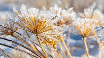 Delicate dried flowers are adorned with frost, creating a stunning contrast against the snow. The sparkling ice enhances the tranquil winter scene, capturing nature's elegance in cold weather.