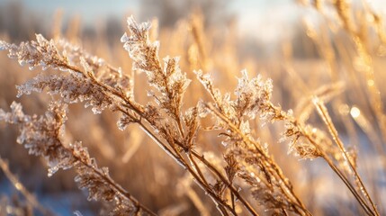 Early morning sunlight bathes frost-covered grass in a golden glow. The scene captures the beauty of a quiet winter landscape with sparkling ice crystals on blades of grass.