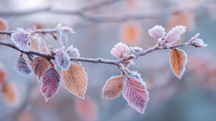 Delicate leaves coated in frost cling to bare branches, capturing the beauty of a chilly winter morning. Soft colors emerge as nature embraces the cold.