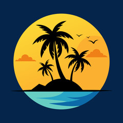 Title: Tropical island scene with palm trees and a sunset over the ocean with flying birds