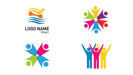 A collection of diverse and colorful logo designs featuring people waves and abstract shapes symbolizing community and teamwork
