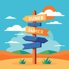 Title: Colorful directional signs pointing to various destinations with a sunny sky and clouds © Abu