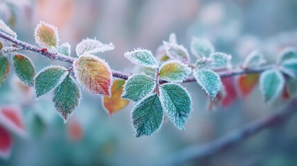 Leafy branches are adorned with frost, showcasing vibrant green and subtle hints of orange. This scene captures the beauty of nature during a cool autumn morning.