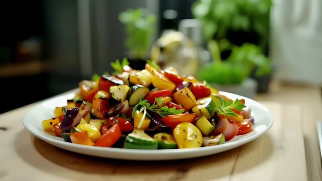 Organic food. Healthy quality lifestyle. A closeup of a plate of fresh vegetable salad on a wooden table. The salad is composed of various vegetables, including bell peppers, tomatoes.