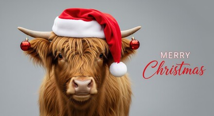 Funny fluffy cow in santa hat with ornaments merry christmas