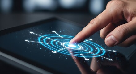 Futuristic hand taps glowing digital target on high-tech screen
