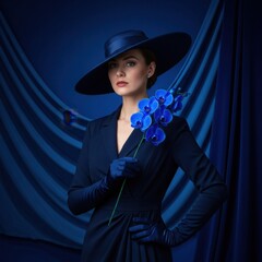 Royal blue elegance: woman in studio, blue orchid vogue style