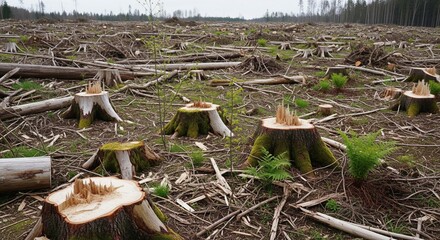 Deforested land showing stumps, fallen branches, and new growth.