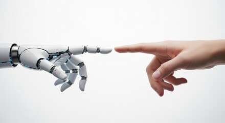 A man's index finger delicately touches a futuristic metallic robot hand, symbolizing connection and progress.