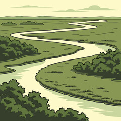 Title: A winding river flowing through a lush green landscape with dense vegetation and rolling © Abu