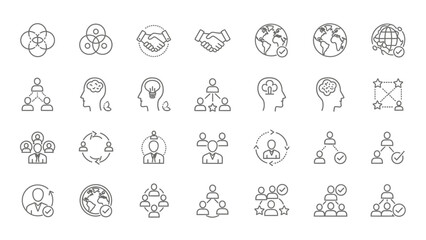 A collection of interconnected line icons depicting global collaboration partnership brainstorming and human connection concepts in a minimalist style