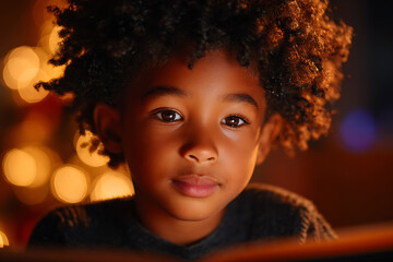 diverse representation in childrens literature, a young black child reading a book about african american heroes, filled with awe and inspiration, in a cozy home library with warm lighting