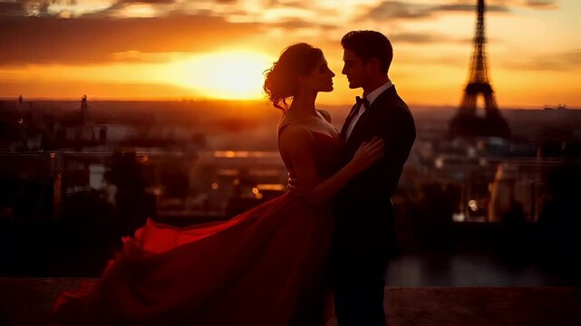Paris, France, Europe. A silhouette of a couple during sunset with a cityscape in the background. The man and woman are captured in a romantic pose.