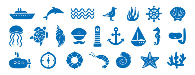hand drawn doodle sea silhouette elements. marine ships, sailors and underwater plants, shells, starfish and corals. © Yanka