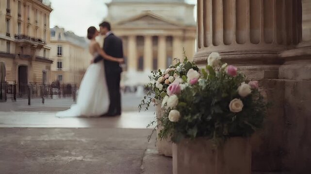 Paris, France, Europe. A romantic wedding scene captured in a cinematic style with a focus on the couple and the surrounding architecture. The main subject is a couple in wedding attire.